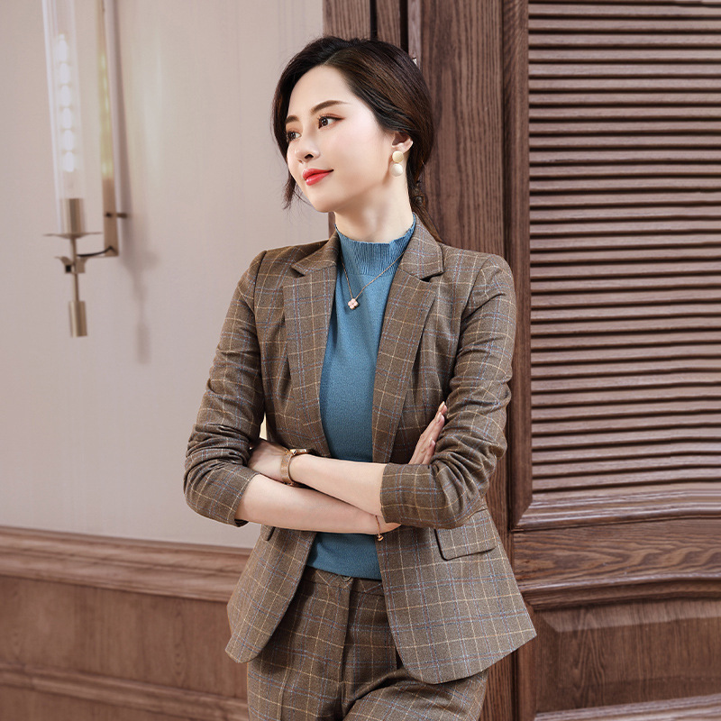 

Women's Suits Blazers IZICFLY Style High Quality Coffee Plaid Spring Fall Elegant Blazer Suits With Pant Set Woman 2 Pieces Business OL Work Wear 230316, Black coat and pant