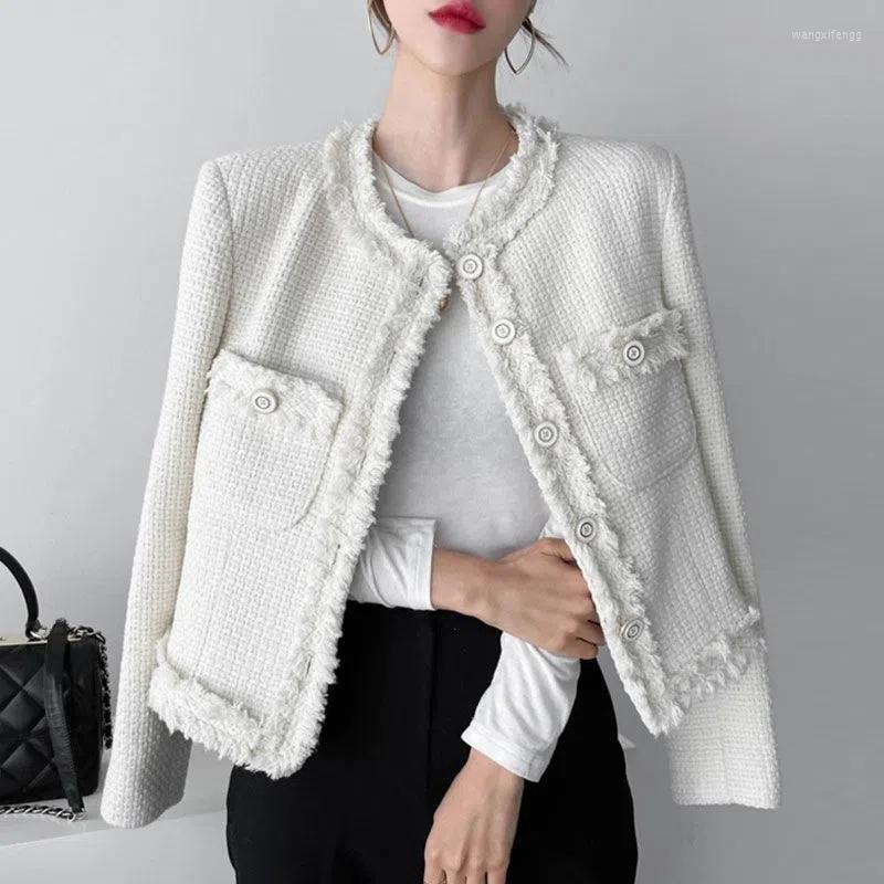 

Women's Jackets French Style White Short Tweed Jacket Women Spring Autumn Round Neck Solid Tassel Chic Design Elegant Lady Coats, Black