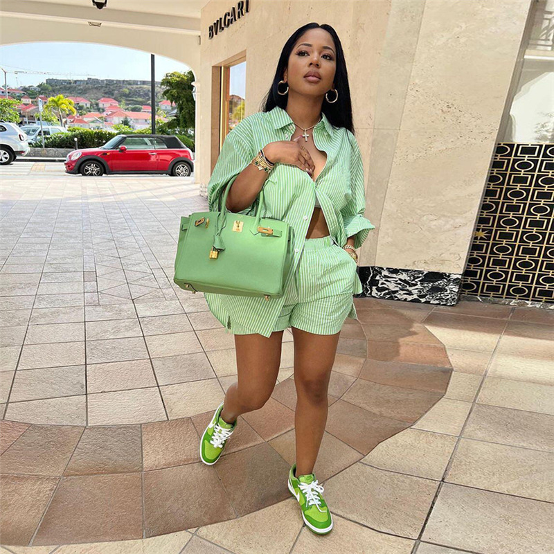 

Women's Two Piece Pants Echoine Green Striped Print Long Sleeve Shirt Top and Shorts Two Piece Set Outfits Streetwear Women Clothing Tracksuit Autumn 230316, Yellow
