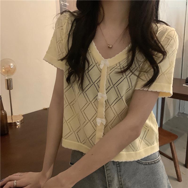 

Women's T Shirts Women Summer 2023 V-neck Loose Short Tops Bowknot Button White Thin T-shirts Ice Silk Short-sleeved Sweater T-shirt Sweet, Black