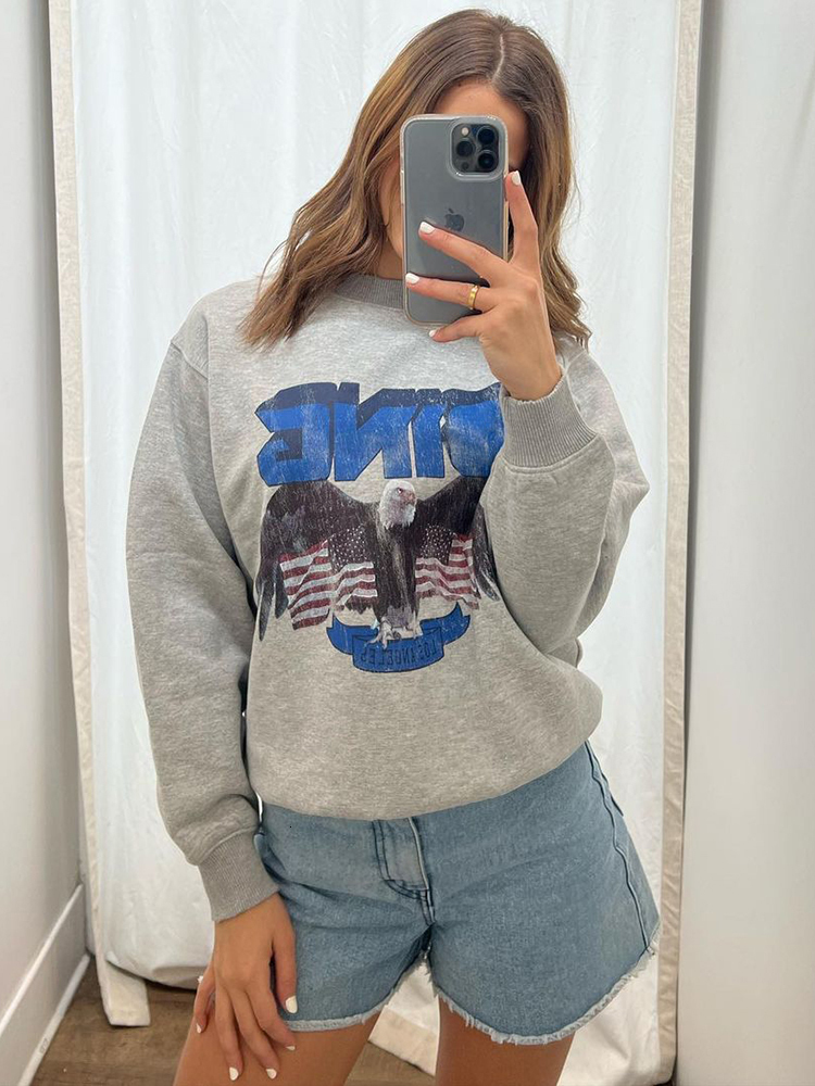 

Womens Hoodies Sweatshirts Eagle Print Graphic Sweatshirt Women Retro Distressed Designer Fashion Pullover Hoodie Femme Punk Rock N Roll Casual 230316, Gray