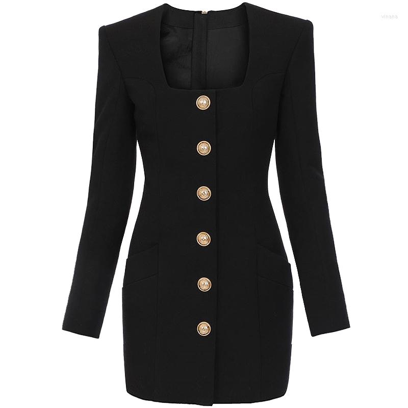 

Casual Dresses Fall Fashion Solid Color Square Collar Single Row Golden Buttons Long Sleeve Slim Zipper Pocket Short Woman Dress, Black