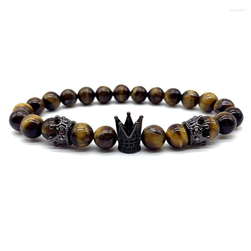 

Strand Crown Charm Bracelet Men 2023 Fashion Luxurious Pave CZ Tiger Eye Stone For Party Jewelry Gift