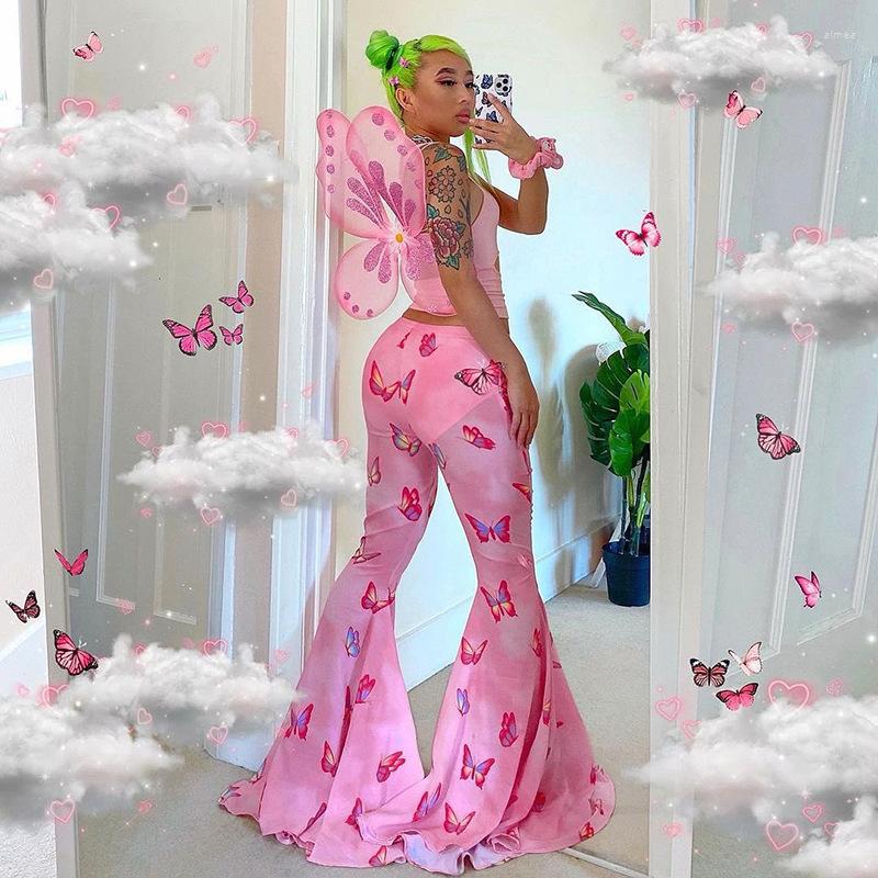 

Women' Pants Bufferfly Printed Bell Bottom Pink Low Waist Flared Sweatpants Streetwear Y2k Clothes Women Festival Clothing Pantalones