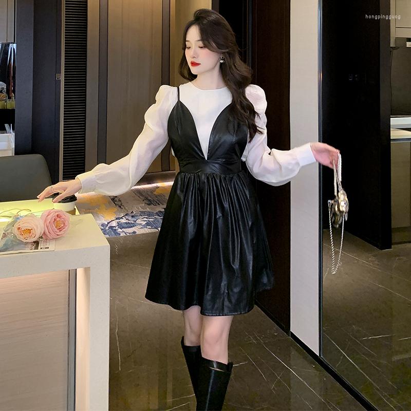 

Casual Dresses Winter Temperament PU Leather Fashion Minus Age Two-piece Suit 8302 Dress, Black