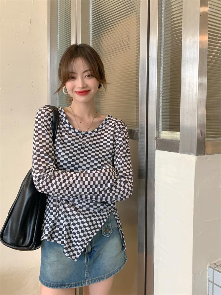 

Women's T Shirts Plaid Black Spring T-Shirts Women Vintage Tops Loose Streetwear Long Sleeve Harajuku Split Boyfriend O-Neck Pullovers