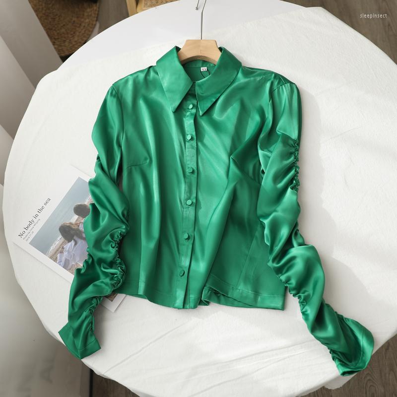

Women's Blouses Green Chic Design Pleated Blouse For Women Turn-down Collar Long Sleeve Shirt Autumn All Match