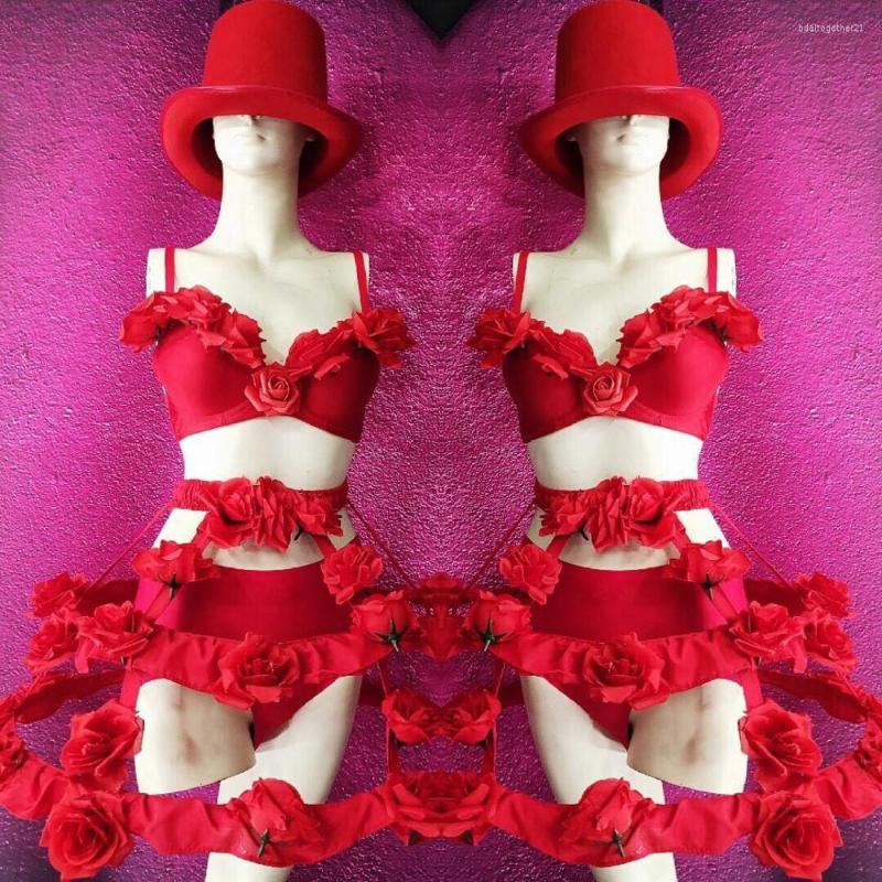 

Stage Wear Red White Rose Flower Love Costume Women Performance DJ Show Singer Costumes Sexy Party