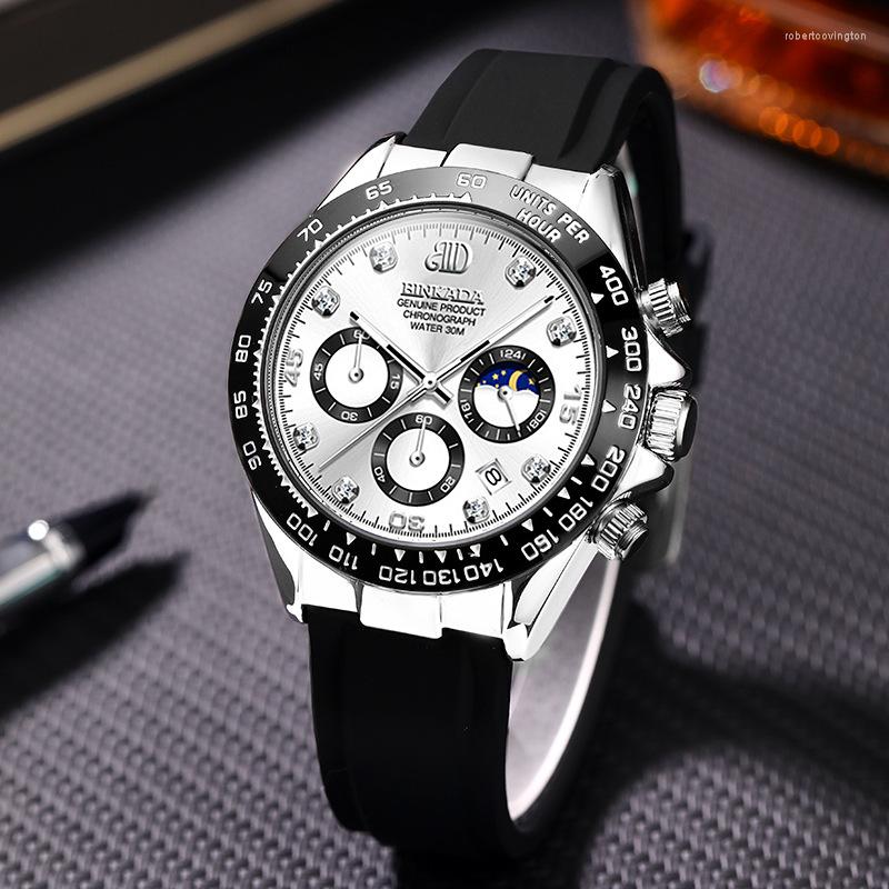 

Wristwatches Binkada Men's Watch Multifunctional Sports Quartz Moon Phase Watches Business Fashion Silicone Strap Man