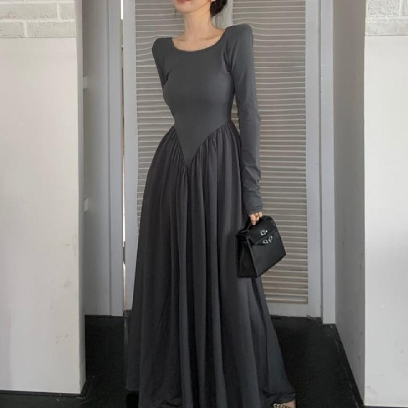 

Casual Dresses Spring And Autumn French Vintage Simple Waist Slim Splice Large Floor Swing Long Sleeve Dress Elegant Wear, Black