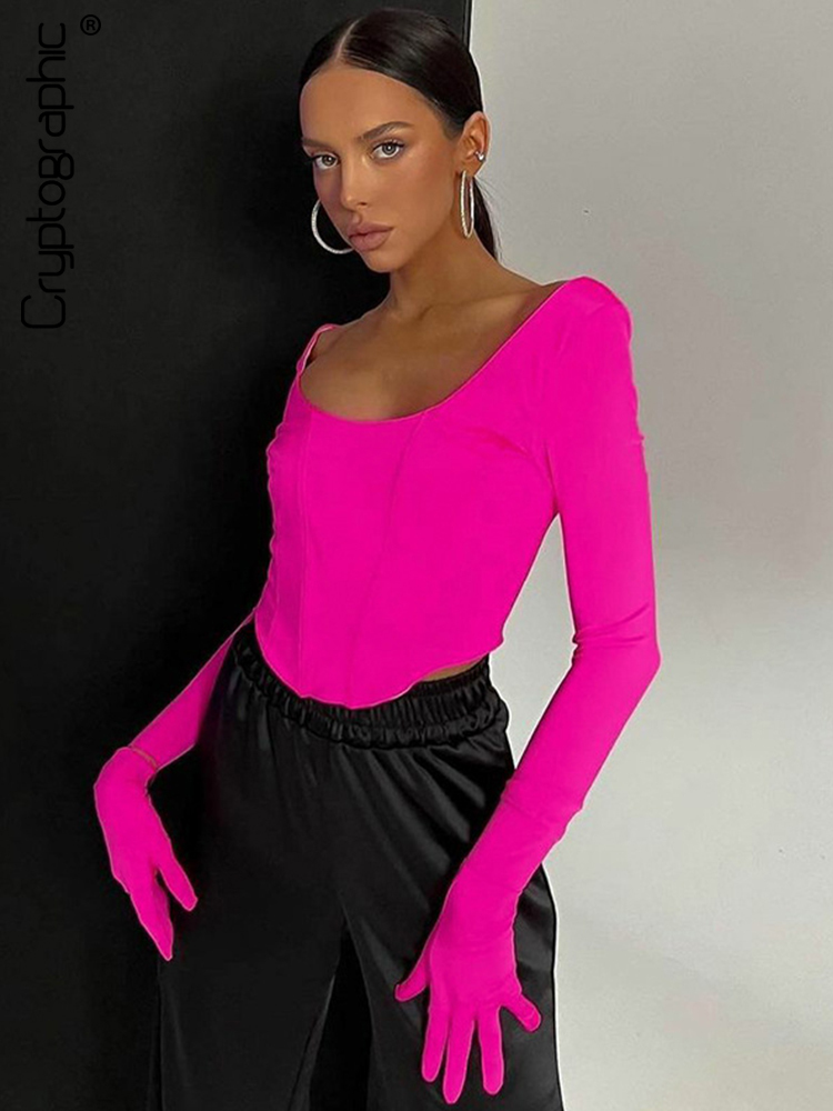 

Women's T-Shirt Cryptographic Fashion Square Collar Corset Tops Women Elegant Cropped Top with Gloves Office Lady Long Sleeve T-Shirts Clothes 230316, Black