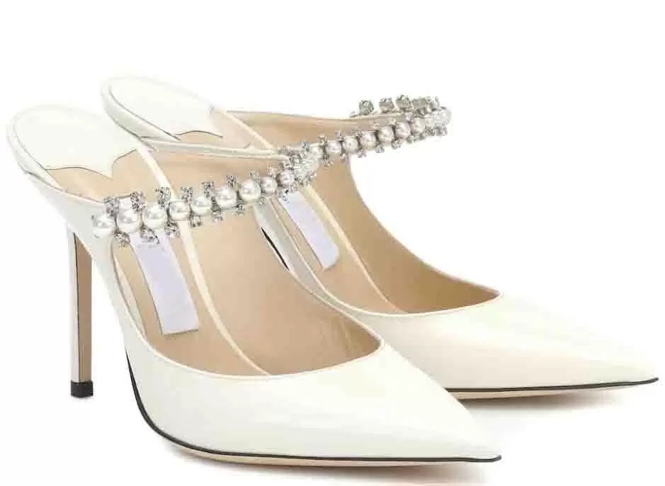 

Elegant Designer High Heel Sandals Wedding Party Dress Stiletto Ankle Strap Pearls and Rhinestones Women's Sexy High Heels Pointed Toe Women Shoes
