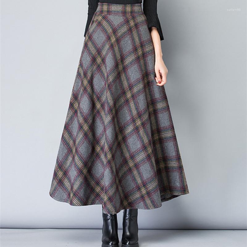 

Skirts Winter Women Long Woolen Skirt High Waist Vintage Pocket Loose Maxi Female Korean Tweed Plaid, Blue