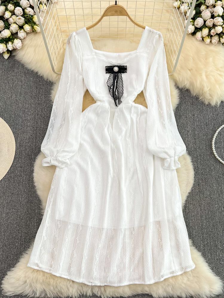 

Casual Dresses FMFSSOM A Line Spring Autumn Square Collar Chiffon Pullover Lady Dress Solid Slim Mid-Calf Full Women, White