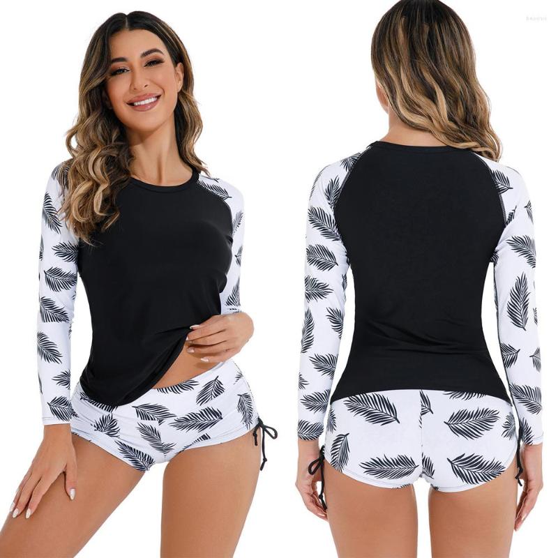 

Women' Swimwear Swimsuit Women 2023 Long Sleeve Two Pieces Surfing Floral Drawstring Female Rash Guards Swim Beachwear Bathing Suit, Pattern4