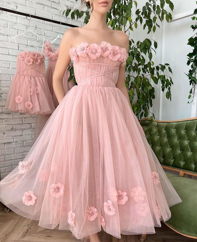 

Romantic Pink A Line Prom Dresses Long for Women Strapless Handmade Flowers Beaded Pleats Draped Party Dress Formal Birthday Pageant Celebrity Evening Gown Custom, Brown