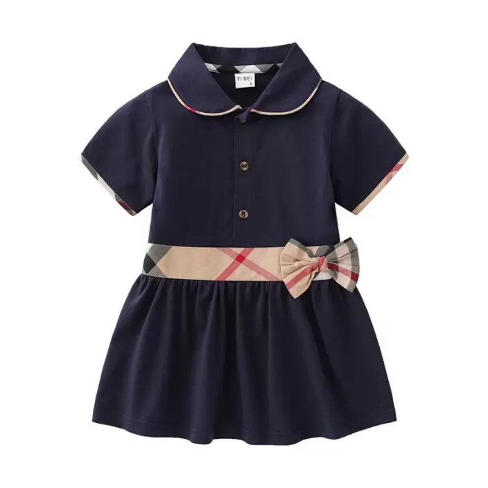 

Girl's Dresses Baby Girls Princess Dresses With Bowknot Cotton Kids Turn-Down Collar Short Sleeve Dress Cute Girl Plaid Skirt Children Clothes Age 1-6 Years, Black