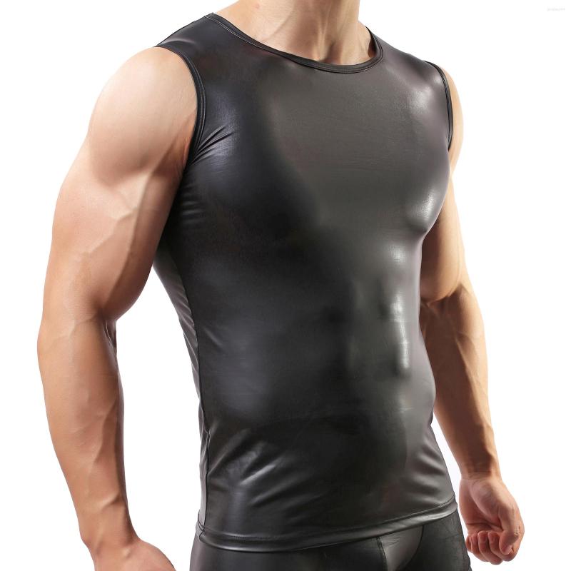 

Men's Tank Tops Men Faux Leather Latex Muscle Sleeveless T-Shirt Stage Dance Clubwear PU Undeshirts Mens Vests Top Man Clothes, Black