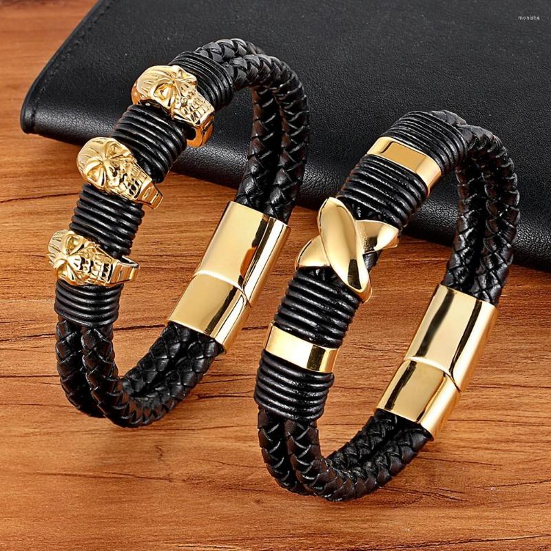 

Charm Bracelets TYO Fashion Cross Skull Punk Rock Stainless Steel Bracelet For Men Magnetic Buckle Black Leather Handmade Braid Jewelry