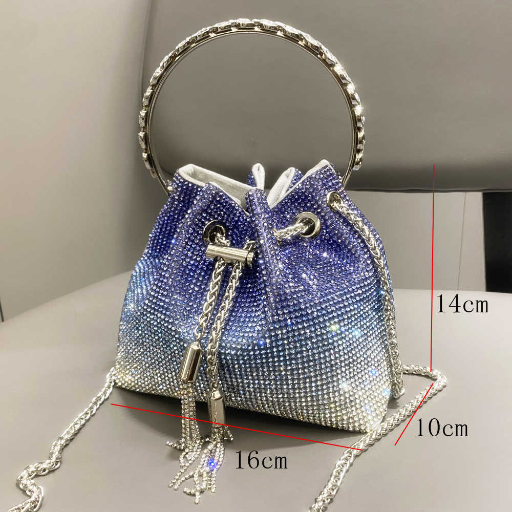 

nxy Bags for Women Luxury Designer Bucket Clutch Purse Evening Banquet Bag Crystal Rhinestone Shoulder Bag Gradient Handbag 230308, Blue