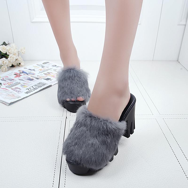 

Slippers Platforms High Heels Women Fluffy Comfy Shoes For Block Furry Indoor Ladies And Sandals, Black
