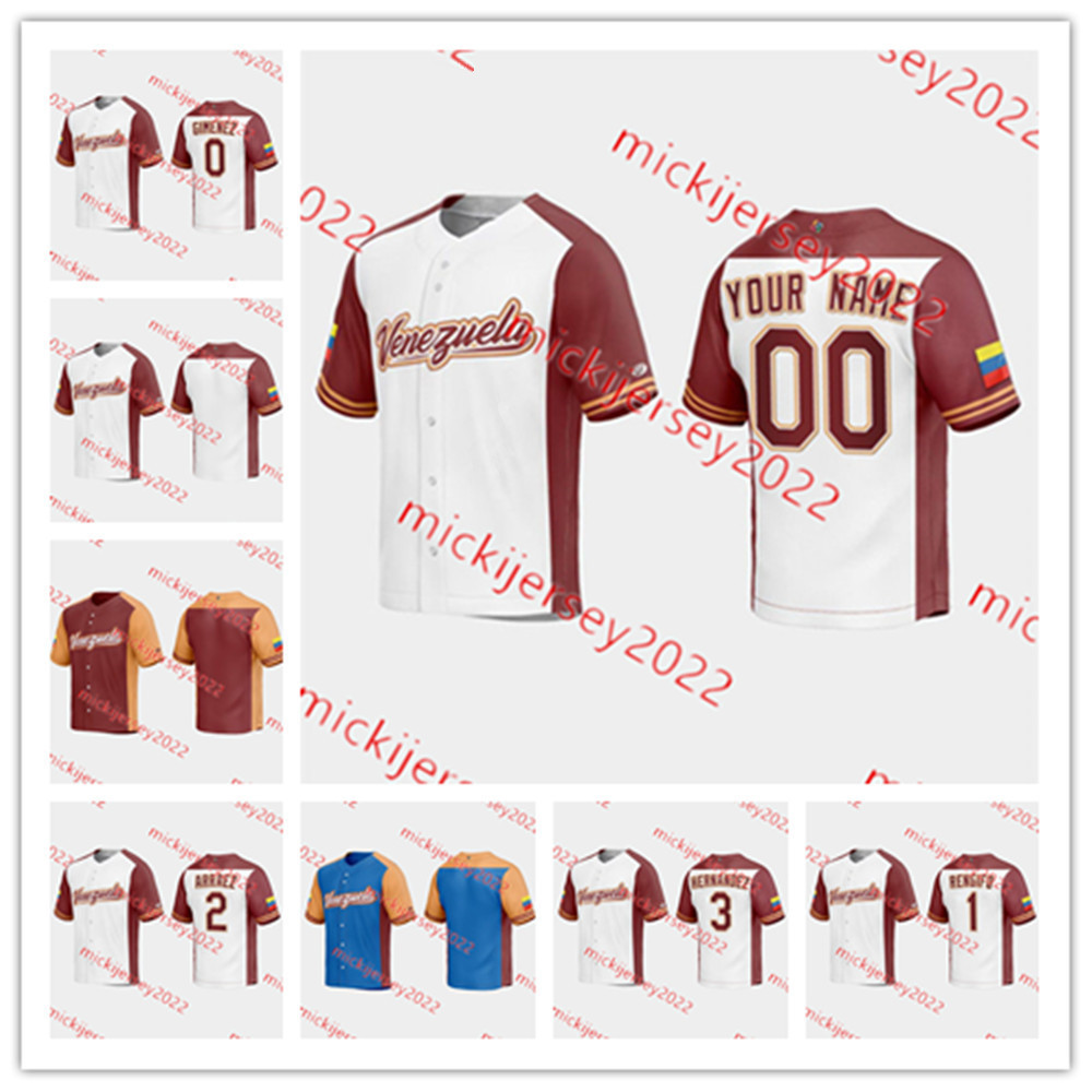 

2023 WBC Venezuela Baseball Jersey Custom Stitched Mens Youth 0 Andres Gimenez 1 Luis Rengifo 2 Luis Arraez 3 Elieser Hernandez 5 Max Castillo 6 David Peralta Jerseys, 2023 white jersey