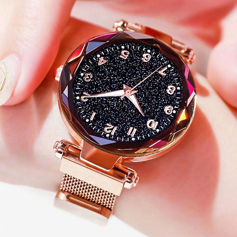 

Wristwatches Luxury Women Watches Mesh Belt Magnetic Starry Sky Female Clock Quartz Wristwatch Fashion Ladies Wrist Watch Relogio Feminino, Brown