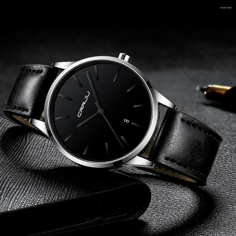 

Wristwatches 2023 CRRJU Top Men Sport Watches Men's Quartz Clock Man Army Military Leather Wrist Watch Relogio Masculino, Black