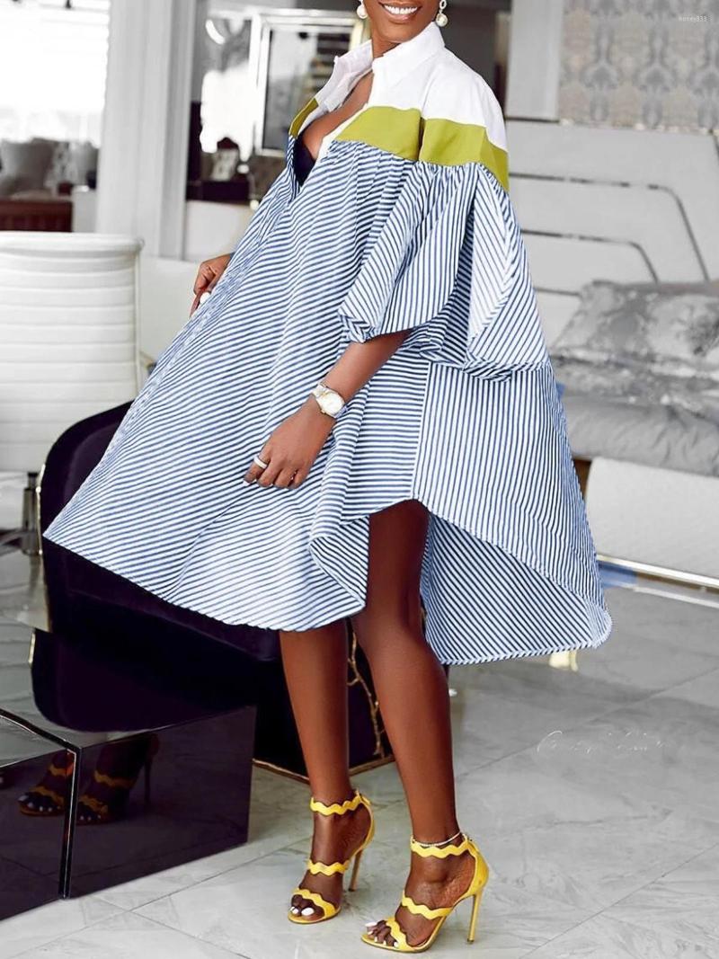 

Casual Dresses Tsxt 2023 African Style Women Stripe Large Swing Shirt Dress Street Hipster Fashion Lapel Butterfly Sleeve Loose, Blue