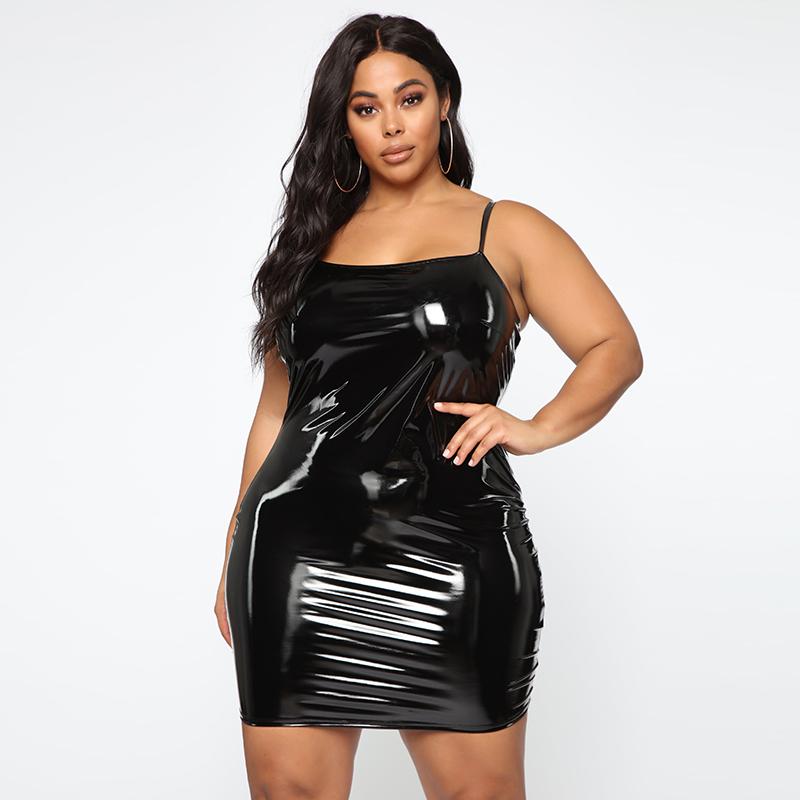

Plus Size Dresses Women PU Leather Sexy Halter Spaghetti Straps Dress Ladies Latex Sleeveless Bodycon Mini 5XL, Black
