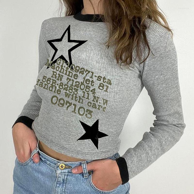 

Women' T Shirts Korean Harajuku Grunge Vintage Y2K T-shirt Letter Star Print Retro Gray Crop Top Women Full Sleeve Slim Fit Autumn Spring