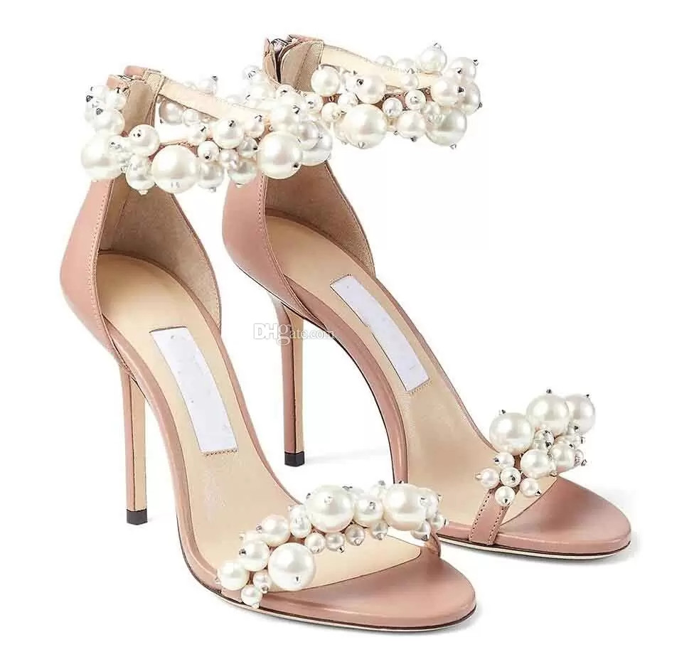 

Elegant Bridal Wedding Dress Sandals Shoes Maisel Lady Pearls Ankle Strap Luxury Brands Summer High Heels Women's Walking With Box,EU35-43