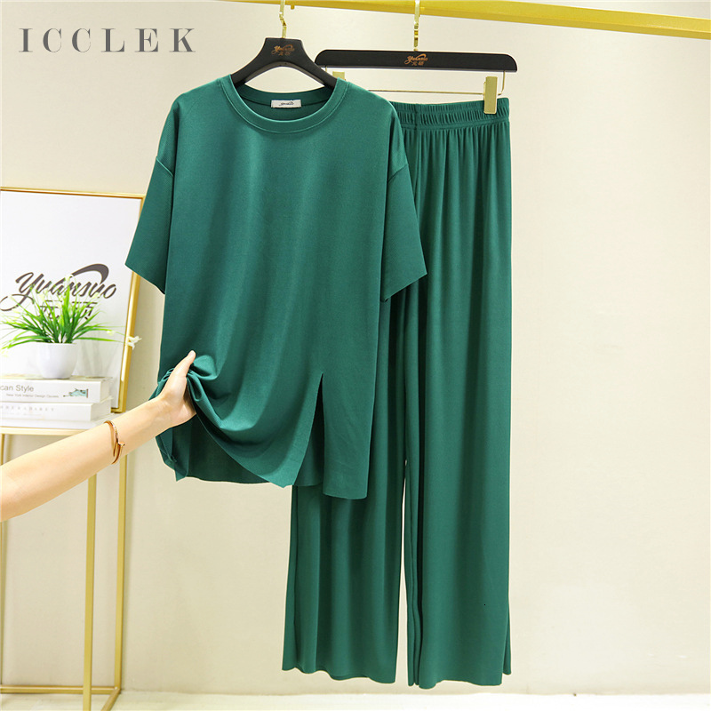 

Women's Sleepwear ICCLEK Ladies Ice Silk Pajamas 2 Piece Set Fashion Simple Short-sleeved Home Service Autumn Round Neck Trousers Casual Wear Suit 230316, Dark green