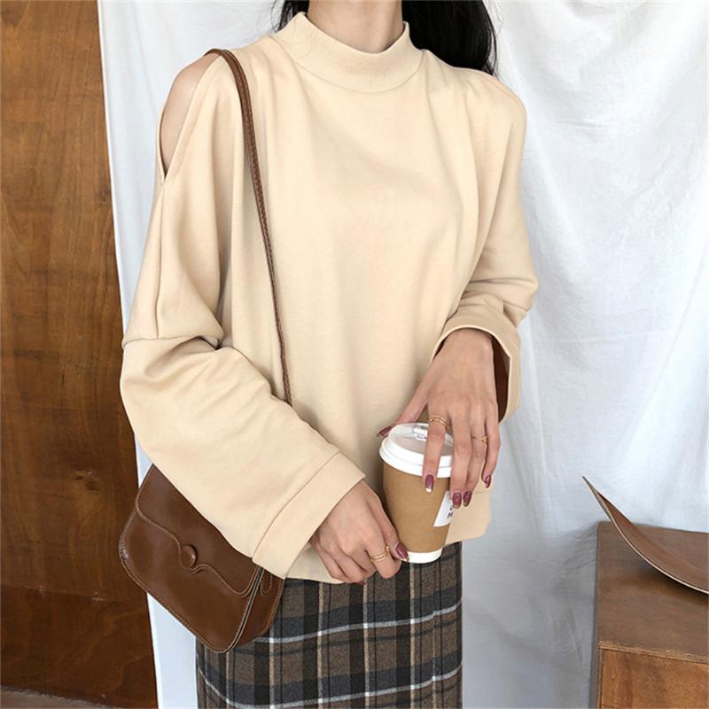 

Women's Hoodies & Sweatshirts HziriP Minimalist Casual Off Shoulders Cotton Stand Pullovers 2023 OL Fashion Students Warm Autumn Full Sleeve, White