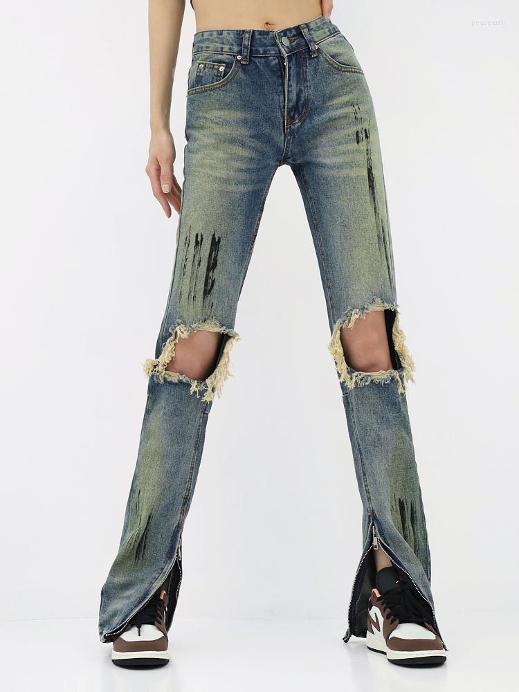 

Women' Jeans Y2K Women High Street Streetwear Harajuku Retro Grunge Ripped Denim Pants Waist Straight Trousers Gothic Alt Clothes, Blue