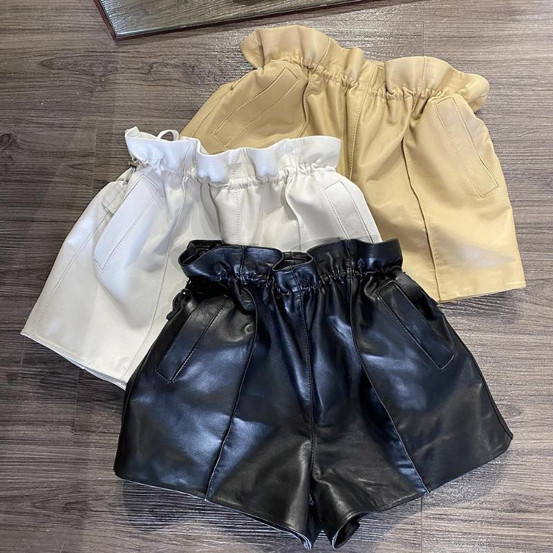 

Women' Shorts YOLOAgain Women 2023 Real Leather Vintage High Waist Female All-Match Solid Color Loose Casual, As shown