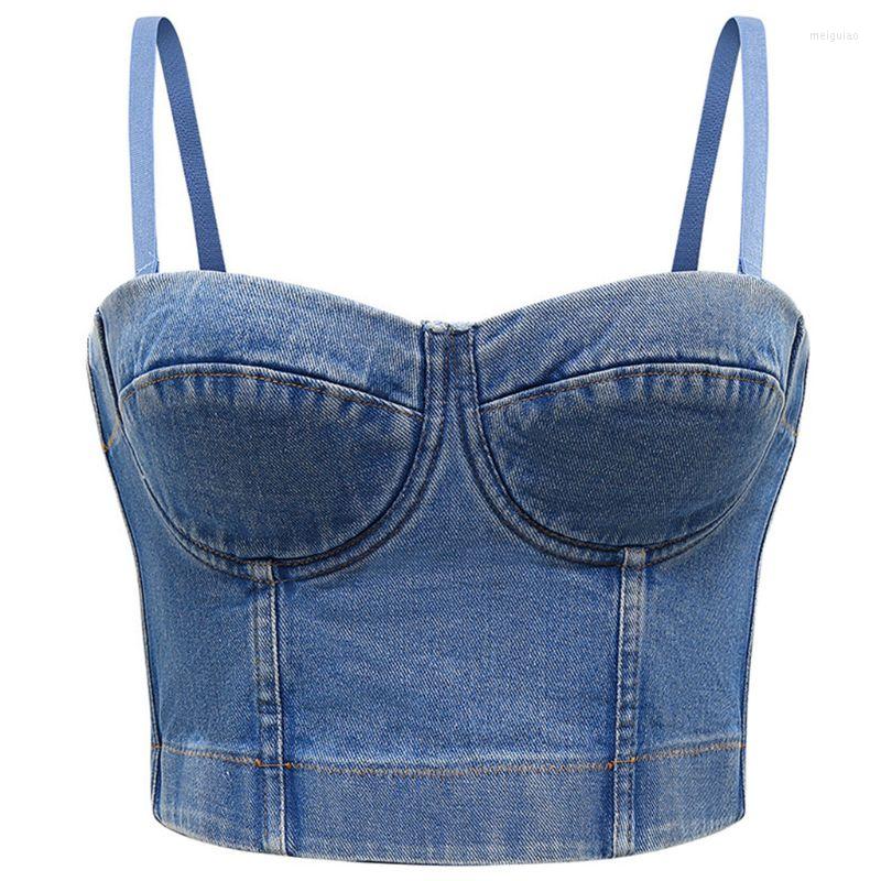 

Women's Tanks Null Women Summer Sleeveless Crop Top Retro Denim Push Up Bustier Detachable Spaghetti Straps Camis Corset Night Club Party, Bk