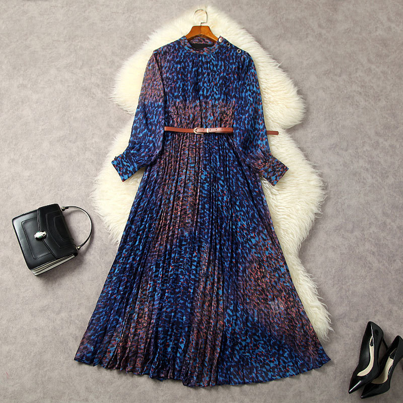 

2023 Spring Summer Blue Print Belted Pleated Dress Lantern Sleeve Round Neck Midi Casual Dresses L3M122276