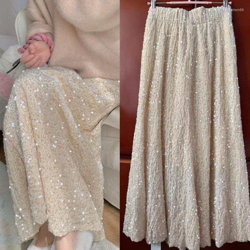 

Skirts Autumn Bling Sequined Thick Velvet Long Skirt, Ivory