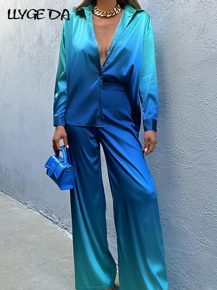 

Womens Two Piece Pants Casual Gradient Pants Sets Womens 2 Piece Chic Elegant Satin Long Sleeve Shirt Tops Female Suit Spring Office Lady Pant Set 230316, 04 green shorts set