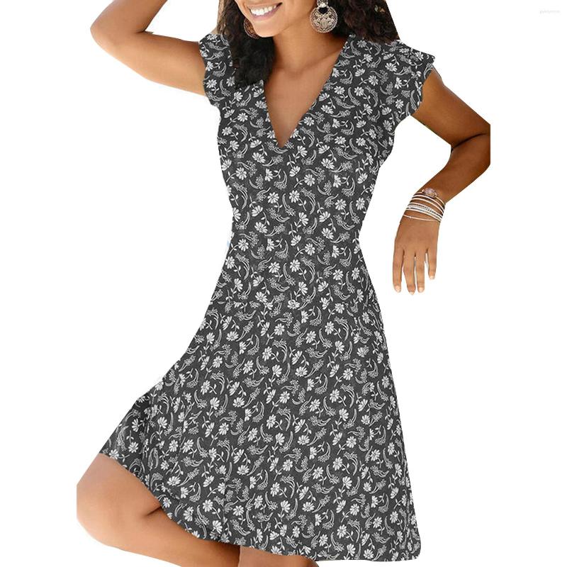 

Casual Dresses Print Floral Sleeveless A-line Knee Length Vacation For Women Girls V-shape Collar HSJ88, Blue