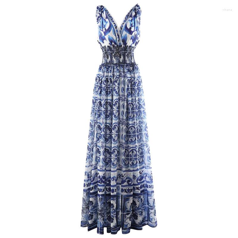 

Casual Dresses Retro Blue And White Porcelain Print Dress Female Summer V-neck High Waist Open Back Large Swing Suspender Long Skirt