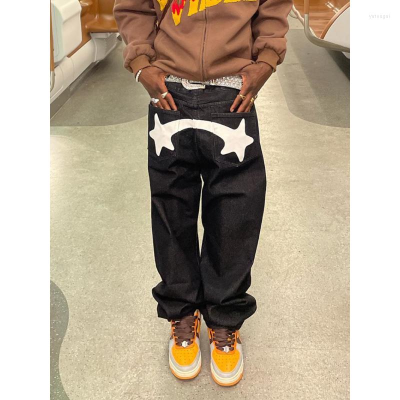 

Men' Jeans High Street Black Five-pointed Star Printed Pattern Men' Fall Fashion Design Casual Loose Wide Legs Straight Pants, Black2