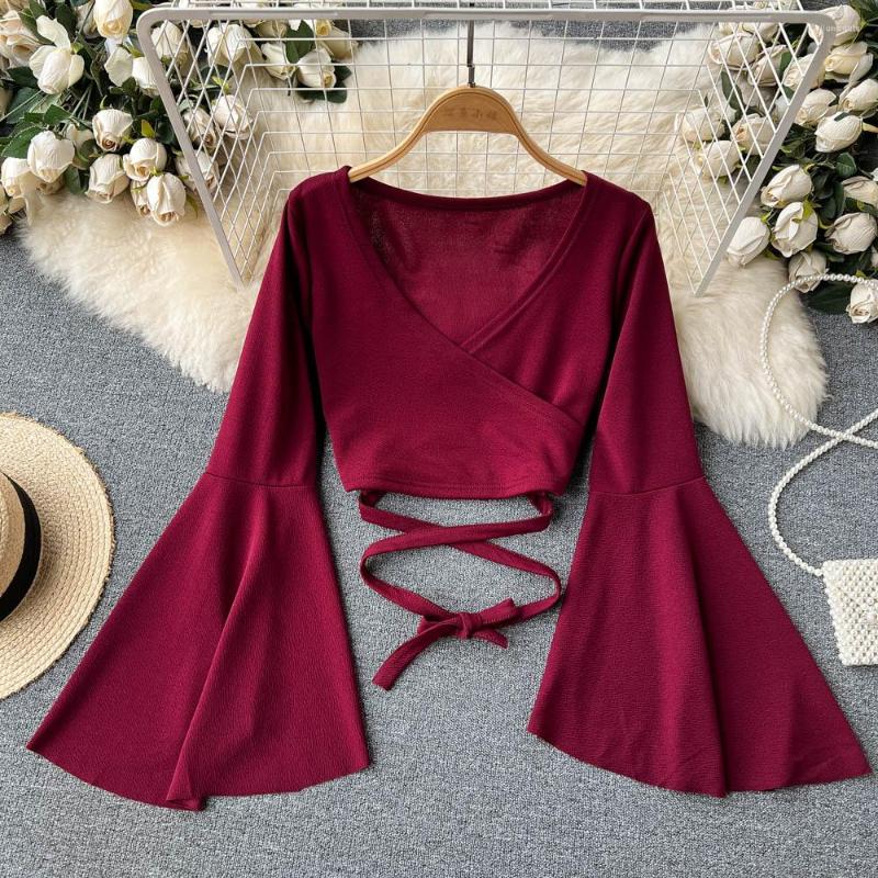 

Women's Blouses Autumn Design Sense Drawstring Ties V-neck Short Flared Sleeve Sexy Navel Long Chic Tops, Black