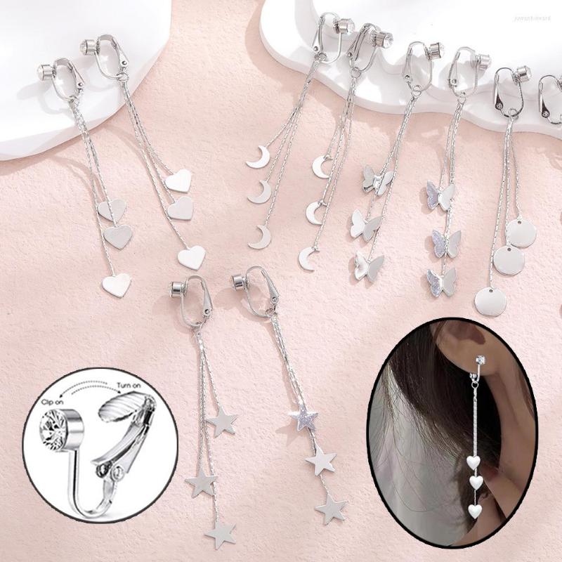 

Backs Earrings Silver Color Crystal Tassel Non-Piercing Cuff Ear Clip Earring For Women Star Chain Fake Cartilage Piercing Jewelry