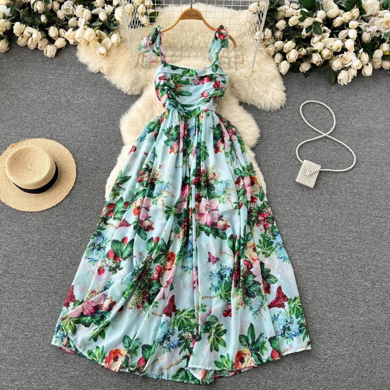 

Casual Dresses French Chic Ethnic Wind Waist-slimming Lacing Stunning Floral Primrose Halter Dress, As the picture