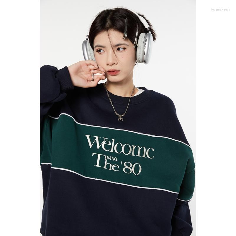 

Women's Hoodies Vintage Dark Blue Plush Sweatshirt Letter Splicing Women Round Neck American Fashion Streetwear Lazy Wind Winter Female