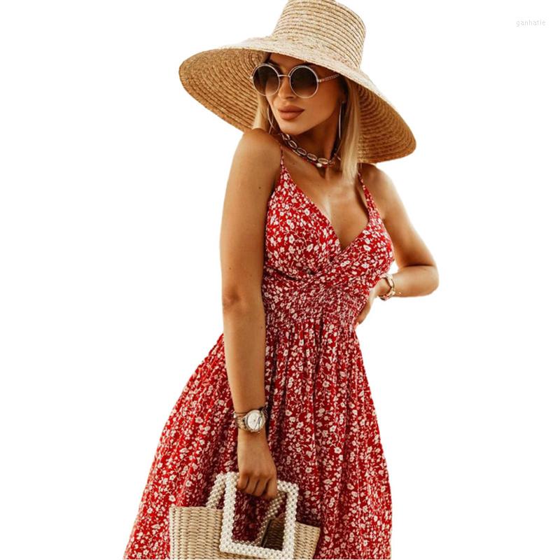 

Casual Dresses LOHILL Spring Summer Print Elastic Waist Dress V-Neck Sleeveless Holiday Beach Mini Streetwear Party Women Clothing, Green