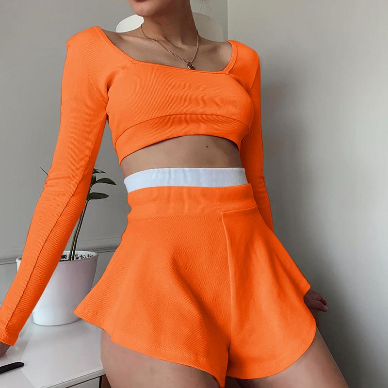 

Women' Tracksuits Cropped Top Skirt Two Pieces Set Long Sleeve Square Collar Mini Skirts Loose Slim Elastic Summer 2023 Sexy Solid Color, Black