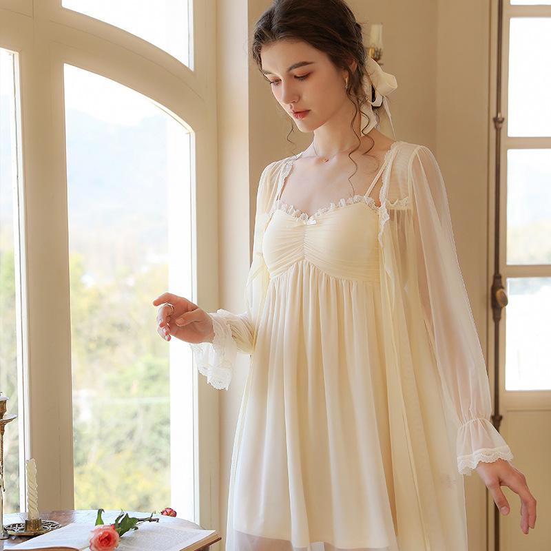 

Women' Sleepwear Spring Women Robe Set 2 Pieces Romantic Lace Mesh Sexy Woman Nightie Nighgown Princess Long Sleeve Home Clothes, Apricot 2pc set